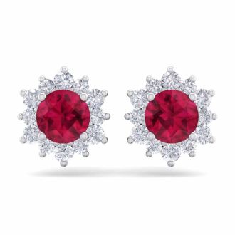 1 1/2 Carat Round Shape Flower Ruby and Diamond Halo Stud Earrings In 14 Karat White Gold