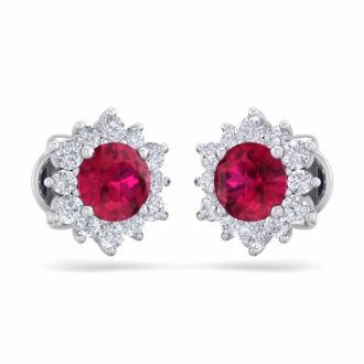 1 1/2 Carat Round Shape Flower Ruby and Diamond Halo Stud Earrings In 14 Karat White Gold