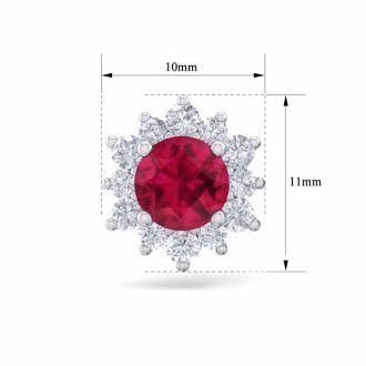 1 1/2 Carat Round Shape Flower Ruby and Diamond Halo Stud Earrings In 14 Karat White Gold