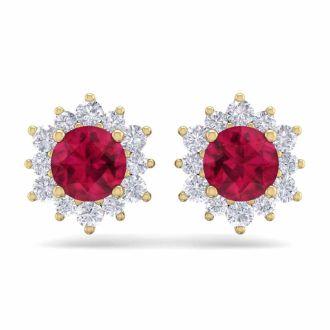 1 1/2 Carat Round Shape Flower Ruby and Diamond Halo Stud Earrings In 14 Karat Yellow Gold