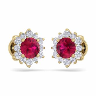 1 1/2 Carat Round Shape Flower Ruby and Diamond Halo Stud Earrings In 14 Karat Yellow Gold