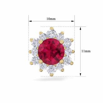 1 1/2 Carat Round Shape Flower Ruby and Diamond Halo Stud Earrings In 14 Karat Yellow Gold