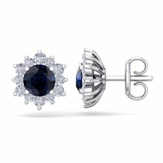 1 1/2 Carat Round Shape Flower Sapphire and Diamond Halo Stud Earrings In 14 Karat White Gold
