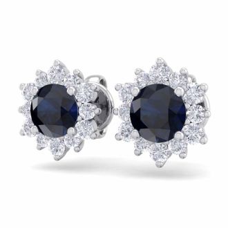 1 1/2 Carat Round Shape Flower Sapphire and Diamond Halo Stud Earrings In 14 Karat White Gold