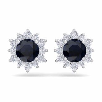 1 1/2 Carat Round Shape Flower Sapphire and Diamond Halo Stud Earrings In 14 Karat White Gold