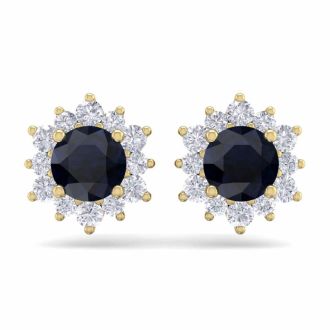 1 1/2 Carat Round Shape Flower Sapphire and Diamond Halo Stud Earrings In 14 Karat Yellow Gold