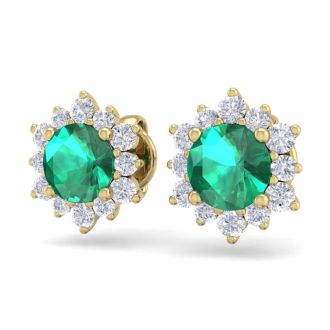 2 Carat Round Shape Flower Emerald and Diamond Halo Stud Earrings In 14 Karat Yellow Gold