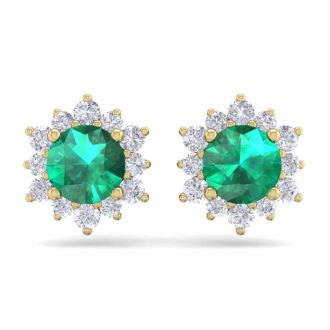 2 Carat Round Shape Flower Emerald and Diamond Halo Stud Earrings In 14 Karat Yellow Gold