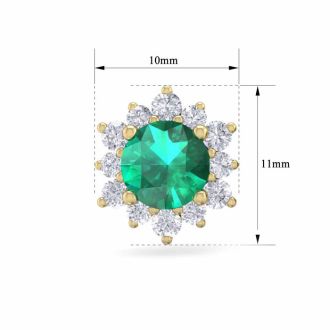 2 Carat Round Shape Flower Emerald and Diamond Halo Stud Earrings In 14 Karat Yellow Gold