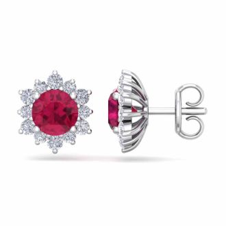 2 Carat Round Shape Flower Ruby and Diamond Halo Stud Earrings In 14 Karat White Gold