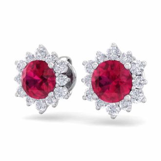 2 Carat Round Shape Flower Ruby and Diamond Halo Stud Earrings In 14 Karat White Gold