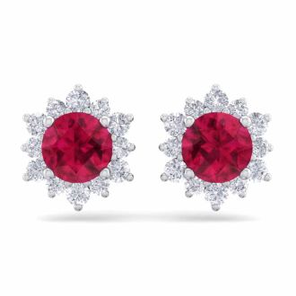 2 Carat Round Shape Flower Ruby and Diamond Halo Stud Earrings In 14 Karat White Gold