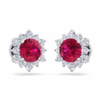 2 Carat Round Shape Flower Ruby and Diamond Halo Stud Earrings In 14 Karat White Gold
