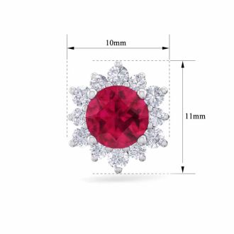 2 Carat Round Shape Flower Ruby and Diamond Halo Stud Earrings In 14 Karat White Gold