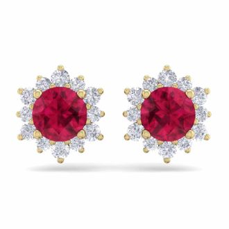 2 Carat Round Shape Flower Ruby and Diamond Halo Stud Earrings In 14 Karat Yellow Gold