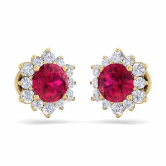 2 Carat Round Shape Flower Ruby and Diamond Halo Stud Earrings In 14 Karat Yellow Gold