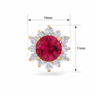 2 Carat Round Shape Flower Ruby and Diamond Halo Stud Earrings In 14 Karat Yellow Gold