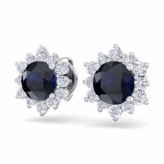 2 Carat Round Shape Flower Sapphire and Diamond Halo Stud Earrings In 14 Karat White Gold