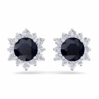 2 Carat Round Shape Flower Sapphire and Diamond Halo Stud Earrings In 14 Karat White Gold