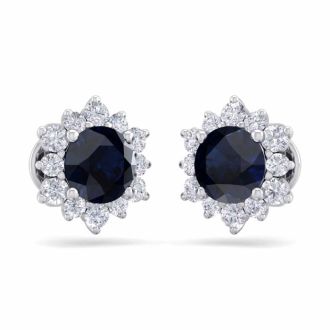 2 Carat Round Shape Flower Sapphire and Diamond Halo Stud Earrings In 14 Karat White Gold