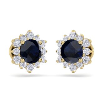 2 Carat Round Shape Flower Sapphire and Diamond Halo Stud Earrings In 14 Karat Yellow Gold