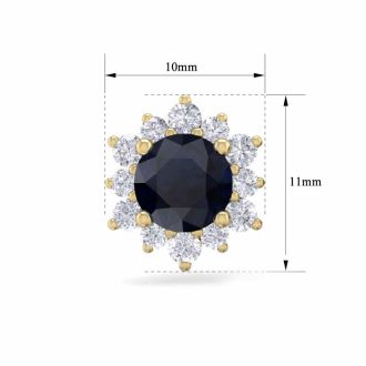 2 Carat Round Shape Flower Sapphire and Diamond Halo Stud Earrings In 14 Karat Yellow Gold