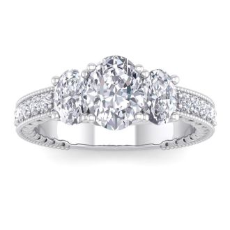 Moissanite Engagement Ring; 2 1/2 Carat Moissanite Oval Shape Three Stone Ring In 14 Karat White Gold