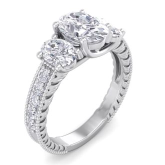 Moissanite Engagement Ring; 2 1/2 Carat Moissanite Oval Shape Three Stone Ring In 14 Karat White Gold