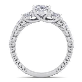 Moissanite Engagement Ring; 2 1/2 Carat Moissanite Oval Shape Three Stone Ring In 14 Karat White Gold