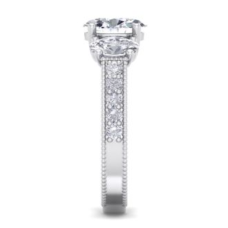 Moissanite Engagement Ring; 2 1/2 Carat Moissanite Oval Shape Three Stone Ring In 14 Karat White Gold