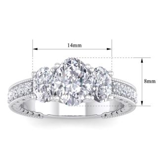 Moissanite Engagement Ring; 2 1/2 Carat Moissanite Oval Shape Three Stone Ring In 14 Karat White Gold