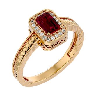 0.85 Carat Antique Style Ruby and Diamond Ring in 10 Karat Yellow Gold