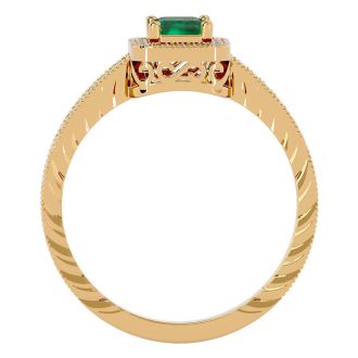 0.85 Carat Antique Style Emerald and Diamond Ring in 10 Karat Yellow Gold