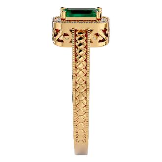 0.85 Carat Antique Style Emerald and Diamond Ring in 10 Karat Yellow Gold