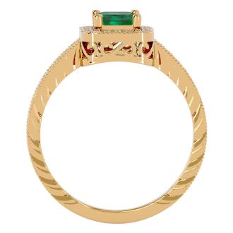 1.12 Carat Antique Style Emerald and Diamond Ring in 10 Karat Yellow Gold