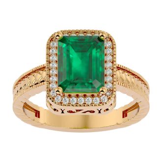 2 1/2 Carat Antique Style Emerald and Diamond Ring in 14 Karat Yellow Gold
