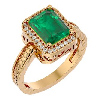2 1/2 Carat Antique Style Emerald and Diamond Ring in 14 Karat Yellow Gold