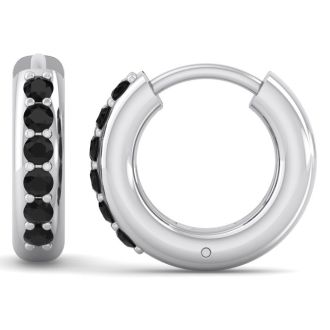 1/3 Carat Black Diamond Mens Hoop Earrings In 14 Karat White Gold