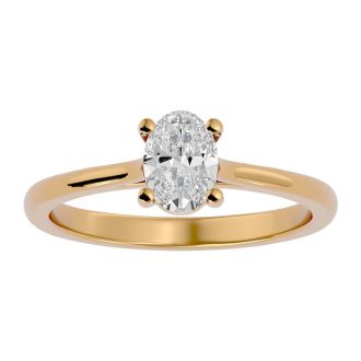 Moissanite Engagement Ring; 3/4 Carat Oval Shape Moissanite Solitaire Engagement Ring In 14 Karat Yellow Gold