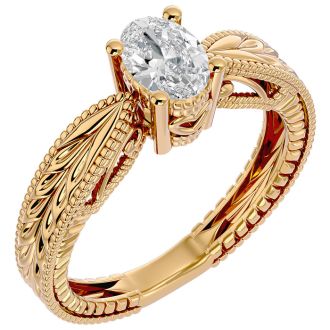 1 Carat Oval Diamond Solitaire Engagement Ring with Tapered Etched Band In 14 Karat Yellow Gold