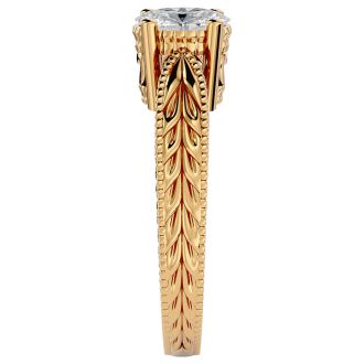 1 Carat Oval Diamond Solitaire Engagement Ring with Tapered Etched Band In 14 Karat Yellow Gold