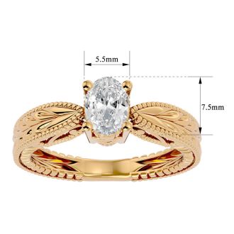 1 Carat Oval Diamond Solitaire Engagement Ring with Tapered Etched Band In 14 Karat Yellow Gold