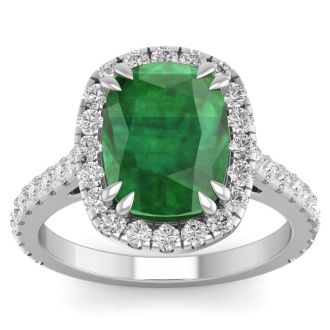 4 1/2 Carat Cushion Cut Zambian Emerald and Diamond Ring In 14 Karat White Gold