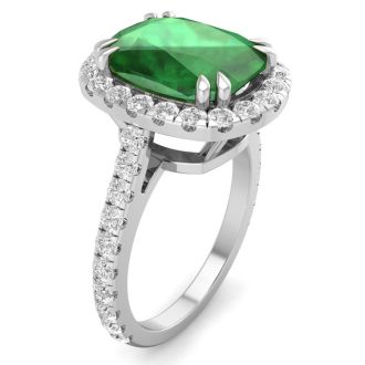 4 1/2 Carat Cushion Cut Zambian Emerald and Diamond Ring In 14 Karat White Gold