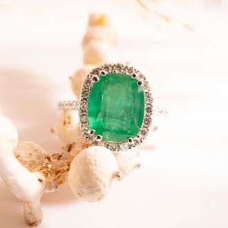 4 1/2 Carat Cushion Cut Zambian Emerald and Diamond Ring In 14 Karat White Gold