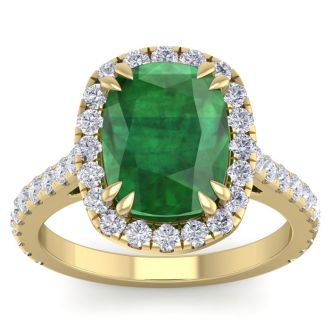 4 1/2 Carat Cushion Cut Zambian Emerald and Diamond Ring In 14 Karat Yellow Gold
