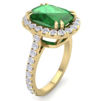 5 1/2 Carat Cushion Cut Zambian Emerald and Diamond Ring In 14 Karat Yellow Gold