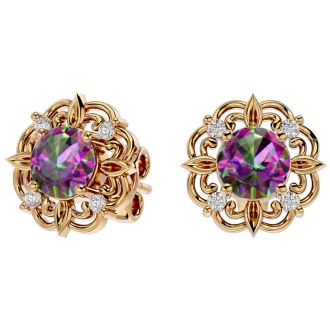 2 1/10 Carat Mystic Topaz and Diamond Antique Stud Earrings In 14 Karat Yellow Gold