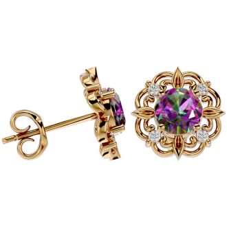 2 1/10 Carat Mystic Topaz and Diamond Antique Stud Earrings In 14 Karat Yellow Gold
