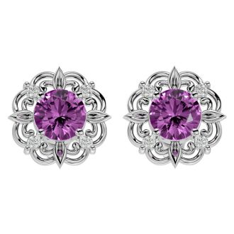 2 1/10 Carat Pink Topaz and Diamond Antique Stud Earrings In 14 Karat White Gold